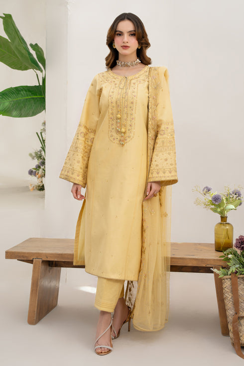 Front view of NAQSHI Payal light lemon Pima lawn topline with round embroidered neckline, tassel ties, and tilla-lace shirt hem.