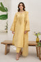 Front view of NAQSHI Payal light lemon Pima lawn topline with round embroidered neckline, tassel ties, and tilla-lace shirt hem.