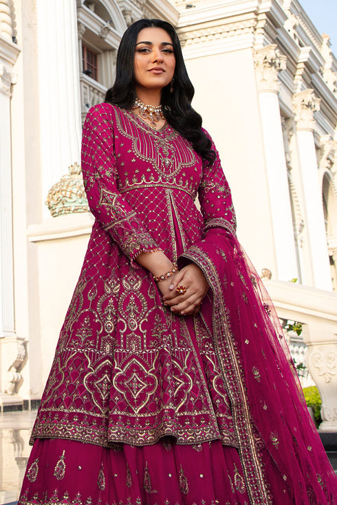 Detailed image focusing on Behnaam’s sequin-fringe hangings from sleeves and neckline, enhancing pink georgette opulence.