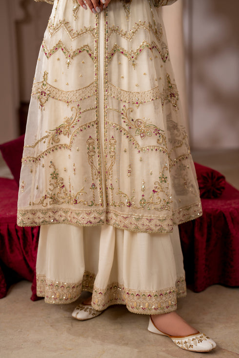 Lower detail of NAQSHI Abeeha outfit showing embroidered frock hem, straight PK raw silk pants, and neat finishing