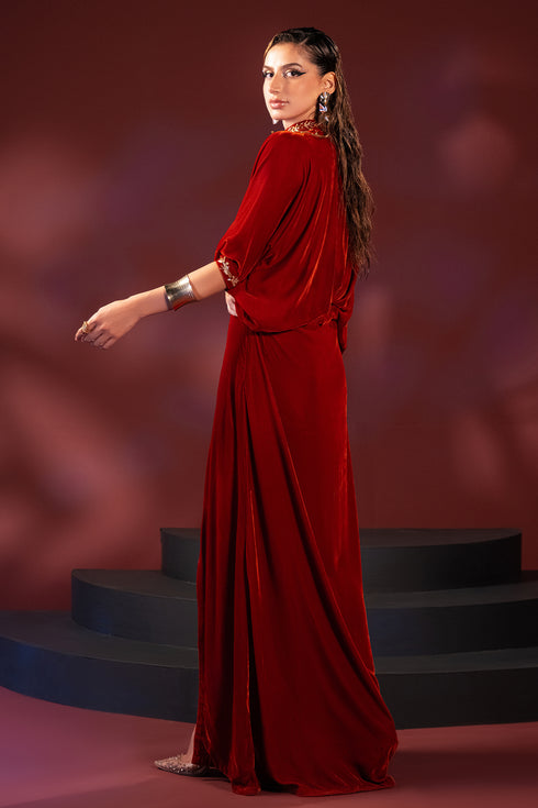 Side view of Shayna velvet kaftan showing flowing drape and long straight fall, elegant ready made formal party dress.