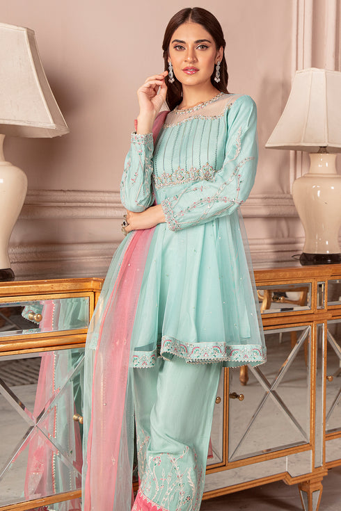 Front pose of Glory ensemble showing detailed neckline embroidery and fitted sleeves, formal ready made eastern wear.