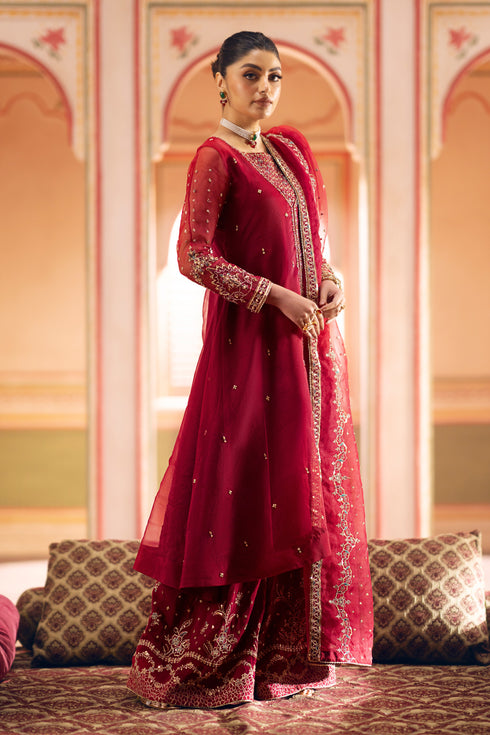 Back angle of wine-red organza frock highlighting A-line silhouette