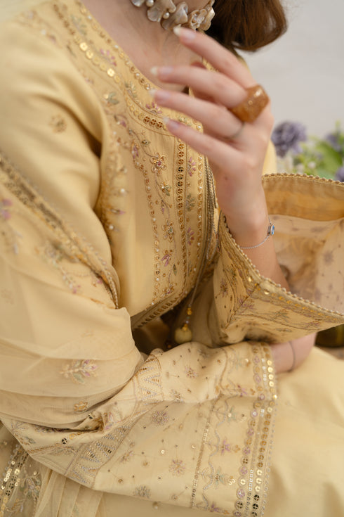Detailed close-up of NAQSHI Payal neckline area showing fine embroidery and tassel accents
