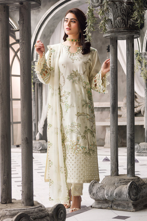 Three quarter standing pose of off white cotton satin suit with embroidered dupatta