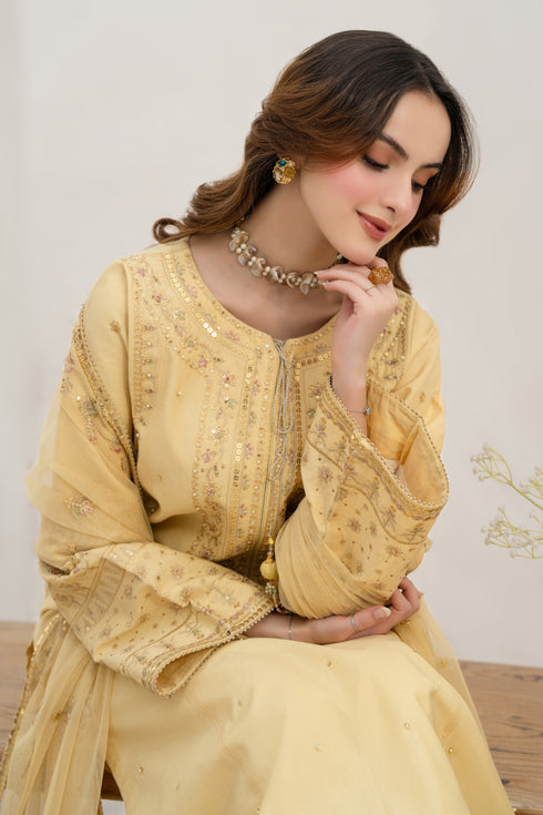 Close-up of embroidered sleeve cuff on NAQSHI Payal showcasing intricate tilla lace and handmade tassels.