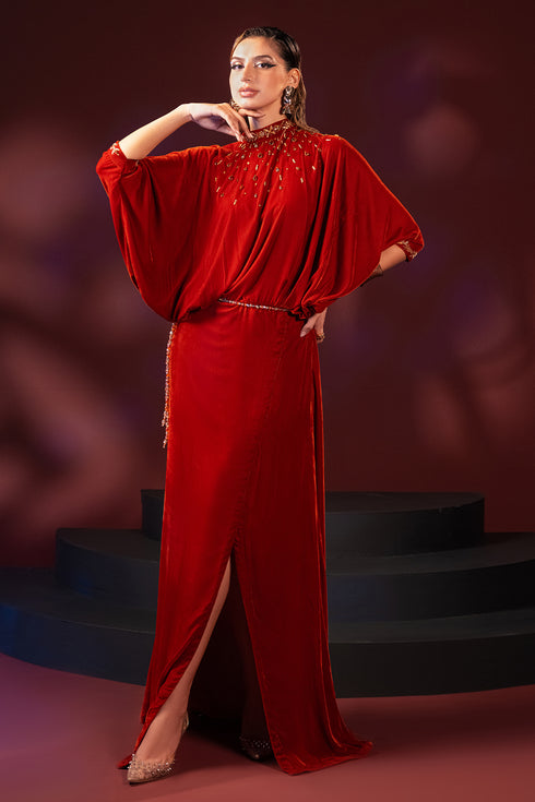 Three quarter pose of Shayna velvet kaftan featuring draped silhouette and embellished neckline, formal ready made dinner wear.