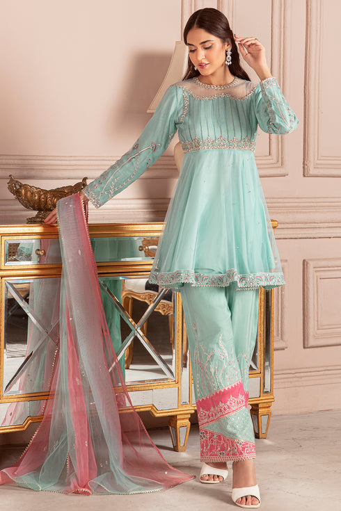 Glory powder blue 3-piece festive outfit by NAQSHI, full front view with net peplum top, embroidered culottes and tie dye dupatta, ready to wear formal eastern dress.