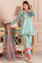 Glory powder blue 3-piece festive outfit by NAQSHI, full front view with net peplum top, embroidered culottes and tie dye dupatta, ready to wear formal eastern dress.