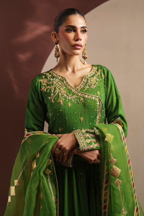 Front portrait of KEZIA green formal dress highlighting embroidered sleeves and bodice work