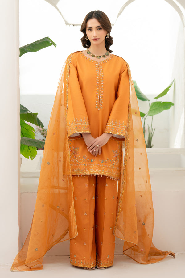 Front view of NAQSHI Kajal orange Pima lawn short shirt featuring embroidered round neckline and crystal-hanging adda sleeves