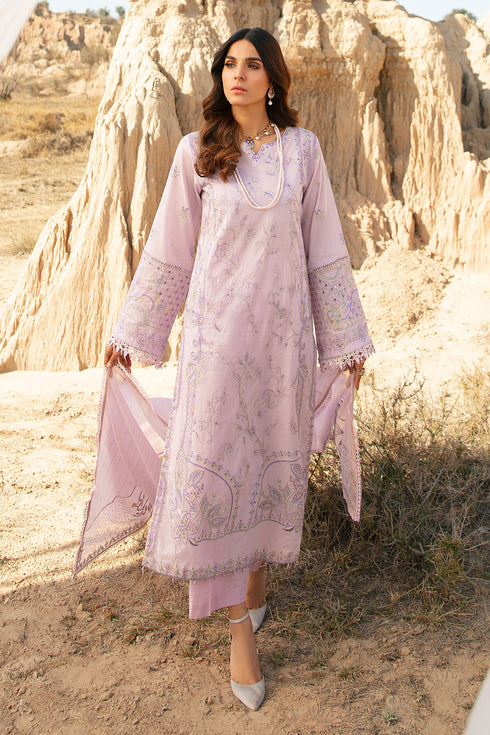 Full front view of Farhang lavender embroidered long lawn shirt with straight cambric trousers ready to wear women occasion outfit