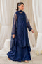 naqshi nayal navy‑blue net gown front view showcasing adda embroidery, cut‑dana, crystal accents and bold floral motifs paired with flared pk raw‑silk culottes.