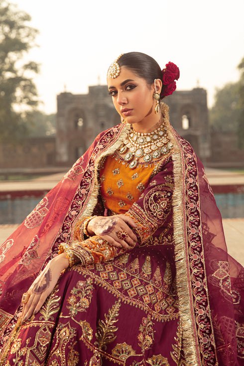 Naqshi Ismat organza dupatta draped elegantly revealing four-sided embroidery and scalloped kiran-lace edging.
