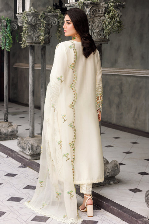 Side profile of Motiya off white long shirt suit showing silhouette and dupatta fall