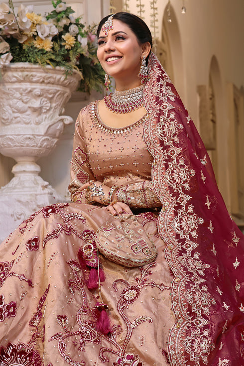 Model styled in full Naqshi Anamta bridal set: embellished tissue choli, floral lehenga with velvet border, and ornate dupatta for wedding glamour.
