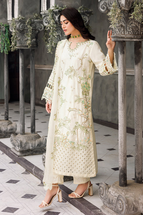 Full length view of off white festive ready to wear dress showing overall silhouette