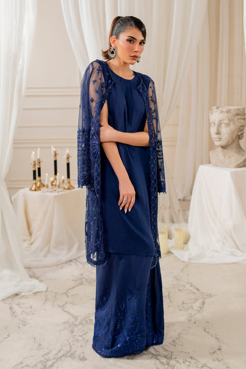 Detailed shot of naqshi nayal sleeve cuff featuring heavy embroidered border with scrolling motifs, crystals, sequins & threadwork for luxe texture.