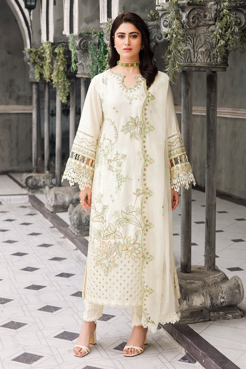 NAQSHI Motiya off white cotton satin long shirt with straight trouser and crinkle dupatta embroidered ready to wear festive outfit