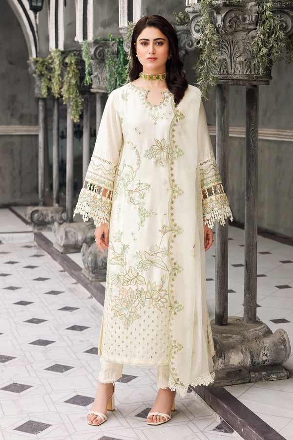 NAQSHI Motiya off white cotton satin long shirt with straight trouser and crinkle dupatta embroidered ready to wear festive outfit