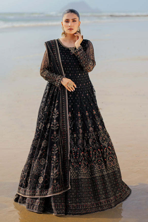 NAQSHI Blain black net maxi frock with round adda‑embellished neckline, heavy hand‑adda floral embroidery, sequin accents, contrasting panel details and matching dupatta.
