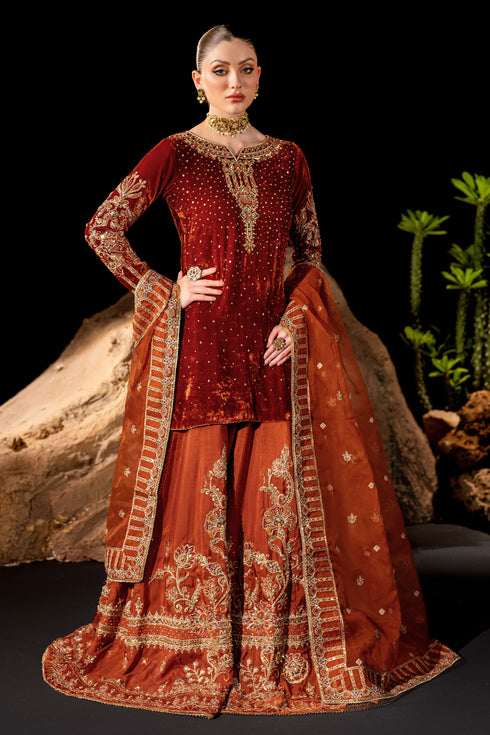 NAQSHI Amber rust orange velvet shirt with hand embellishment, paneled sharara, and organza dupatta ready-to-wear formal outfit