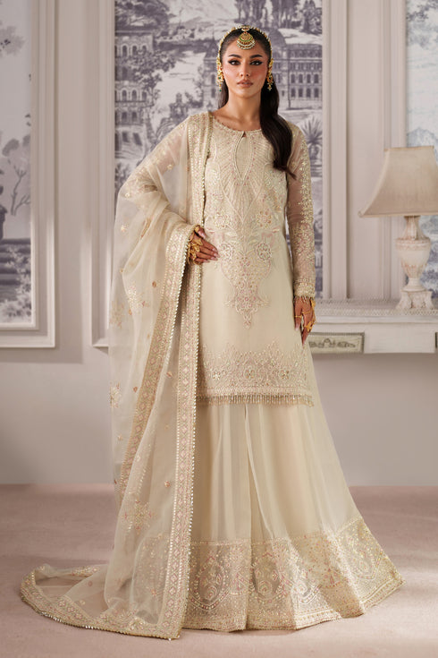 Seemal by NAQSHI full front view in off-white organza with embroidered shirt, flowing sharara and delicate tassel neck detail