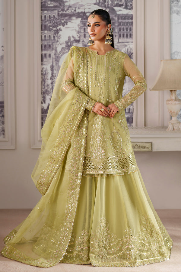 Nibaat by NAQSHI full front view—lime organza 3PC set with elegant long shirt, flowing sharara, and bordered dupatta