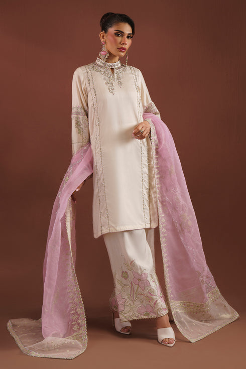 NAQSHI AMSAH egg shell raw silk short shirt with embroidered neckline, culotte pants and organza dupatta formal ready to wear outfit