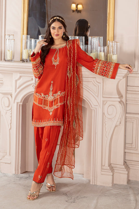 Syara orange 3-piece ready to wear outfit by NAQSHI, full front view with embroidered slub raw silk shirt, classic shalwar and net dupatta, festive eastern dress.
