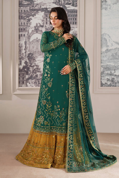 Savena by NAQSHI front view highlighting intricate embroidery and sequin borders on shirt and sharara
