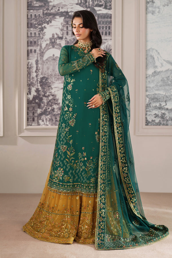 Savena by NAQSHI front view highlighting intricate embroidery and sequin borders on shirt and sharara