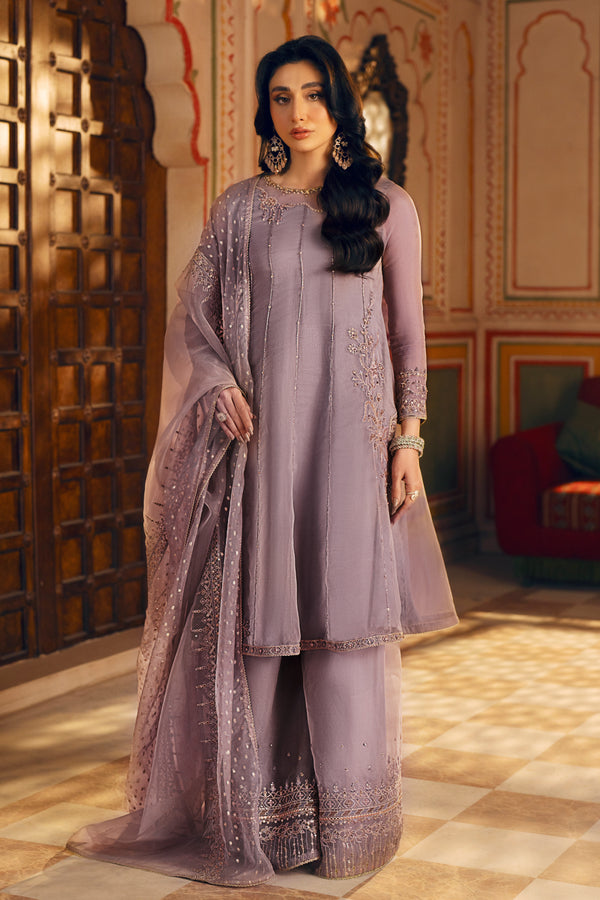 Front view of NAQSHI Iffat lilac organza frock, near-to-neck neckline adorned with embroidery, sequins & adda detailing.