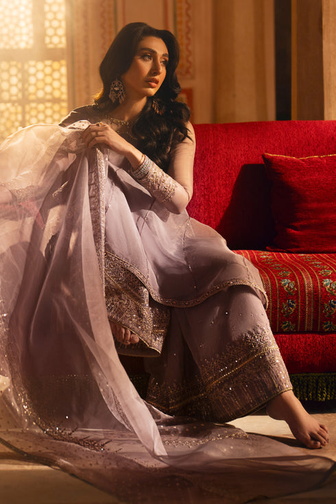 Lilac organza dupatta draped to show zari-panel detailing and delicate sequin border