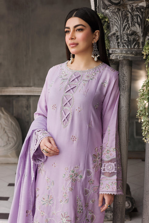 Three-quarter front view of NAQSHI Adah outfit showing embroidered sleeves and balanced straight fit