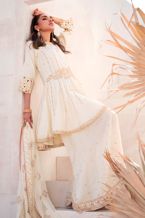 Naqshi Diana sharara in raw‑silk showcasing diagonal sequin lines, adda work and lace border.