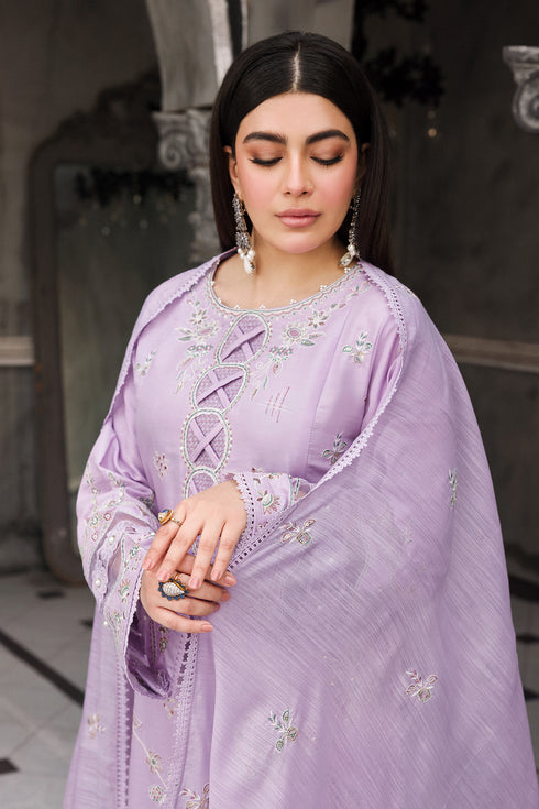 Front styling of NAQSHI Adah outfit with dupatta drape highlighting embroidery and soft lavender tone