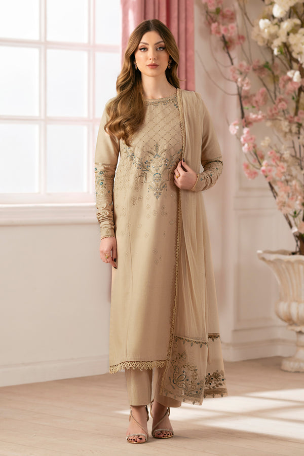 NAQSHI Chamkeeli beige cambric straight shirt with intricately embroidered neckline, shimmering sequin embroidery on bodice, lace-trimmed hem and straight pants