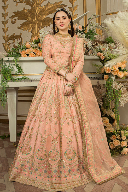 Naqshi Mah‑e‑Noor peach-pink raw-silk choli richly embroidered with multi-head naqshi, dabka & sitari, droplet tassels at choli ends, royal lehenga and embroidered organza dupatta