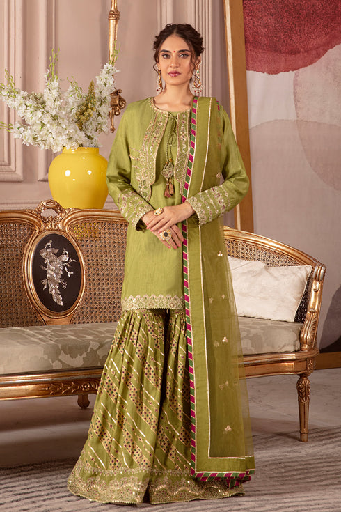 Eva mehndi green 4-piece festive outfit by NAQSHI, full front view with raw silk shirt, organza embroidered jacket, gharara and organza dupatta, ready to wear eastern formal dress.