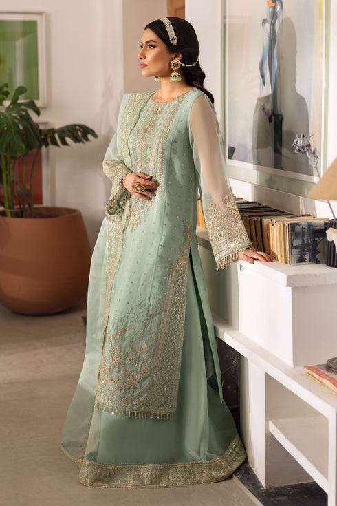 NAQSHI Maiza organza sharara front view with finely finished embroidered and sequin-detailed border matching the shirt’s embellishments.