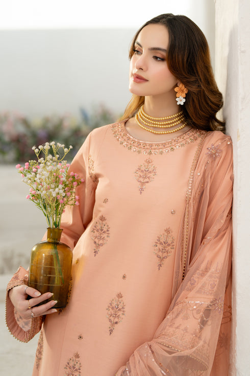 Close-up of NAQSHI Sanam sleeve highlighting crystal hangings and tilla-lace border