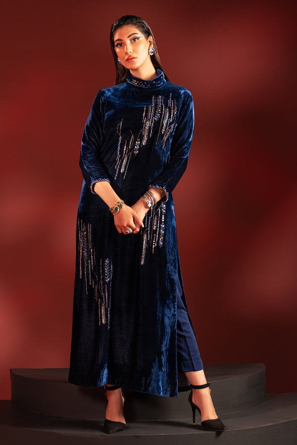 Neon blue velvet formal outfit by NAQSHI, full front view of long straight embellished shirt with raw silk trousers, ready to wear 2-piece evening wear dress.