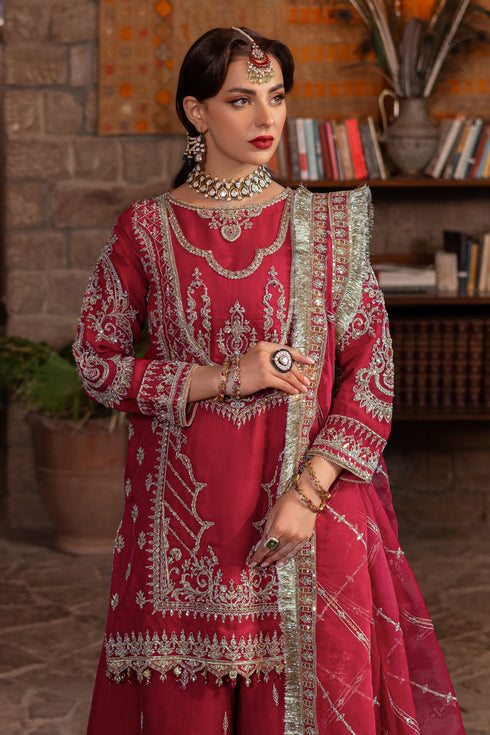 Close-up showing Naqshi Nehal sleeve and hem ornate embroidery, self-pattern motifs, lace finish, goti details, and crystal hangings on organza.