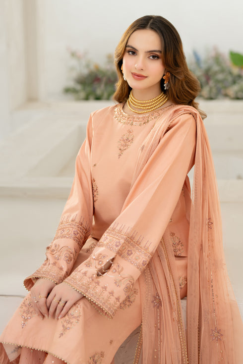 Model seated in NAQSHI Sanam ensemble, highlighting embroidered neckline, crystal sleeves, lace culottes & styled dupatta