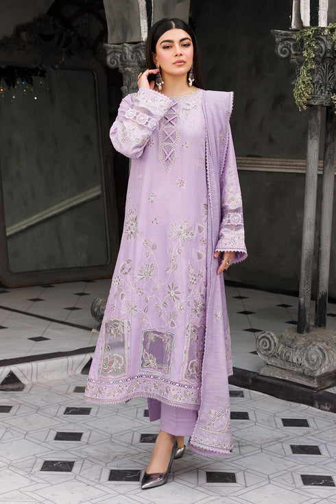 Full front standing view of NAQSHI Adah outfit showing straight long shirt with embroidery and clean lavender look