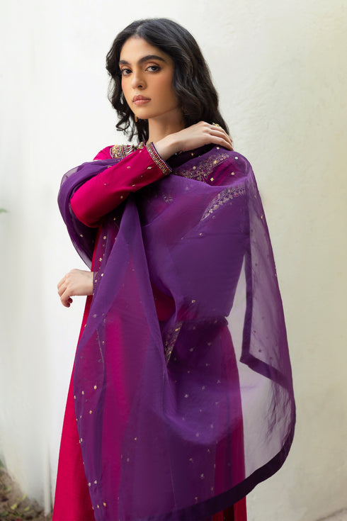 NAQSHI Raima purple organza dupatta draped to highlight sequin spray, lengthwise embroidered border with contrasting colors & sequin work.