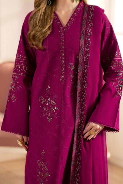 NAQSHI Hira light rose-pink crinkle dupatta draped fully, showcasing lengthwise floral embroidery and decorative lace pallu