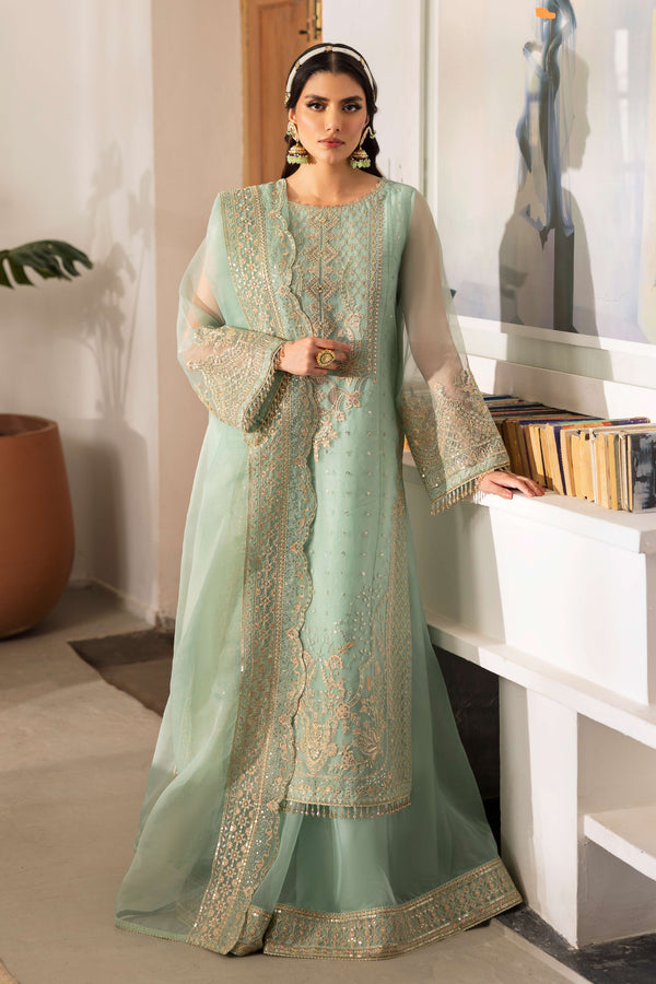 NAQSHI Maiza aqua-blue organza straight-paneled shirt with round embroidered-sequin neckline, sequin-sprayed body, side slits, crystal-droplet sleeve hangings, paired with matching sharara.