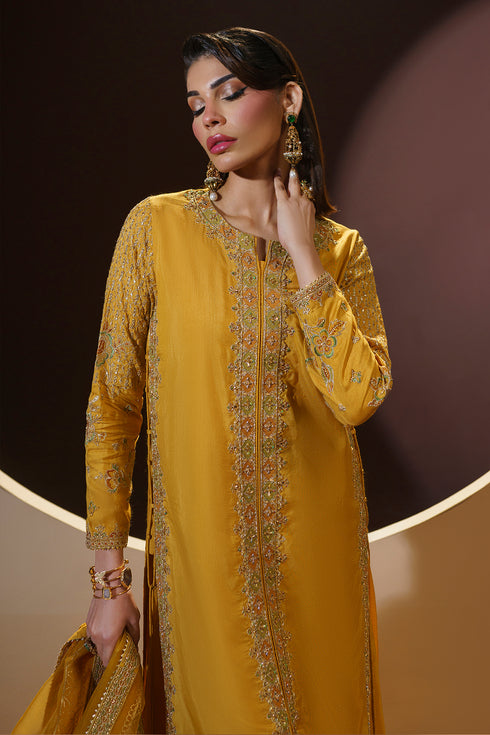 Front standing pose of MAYA embroidered long shirt and sharara ready to wear festive outfit
